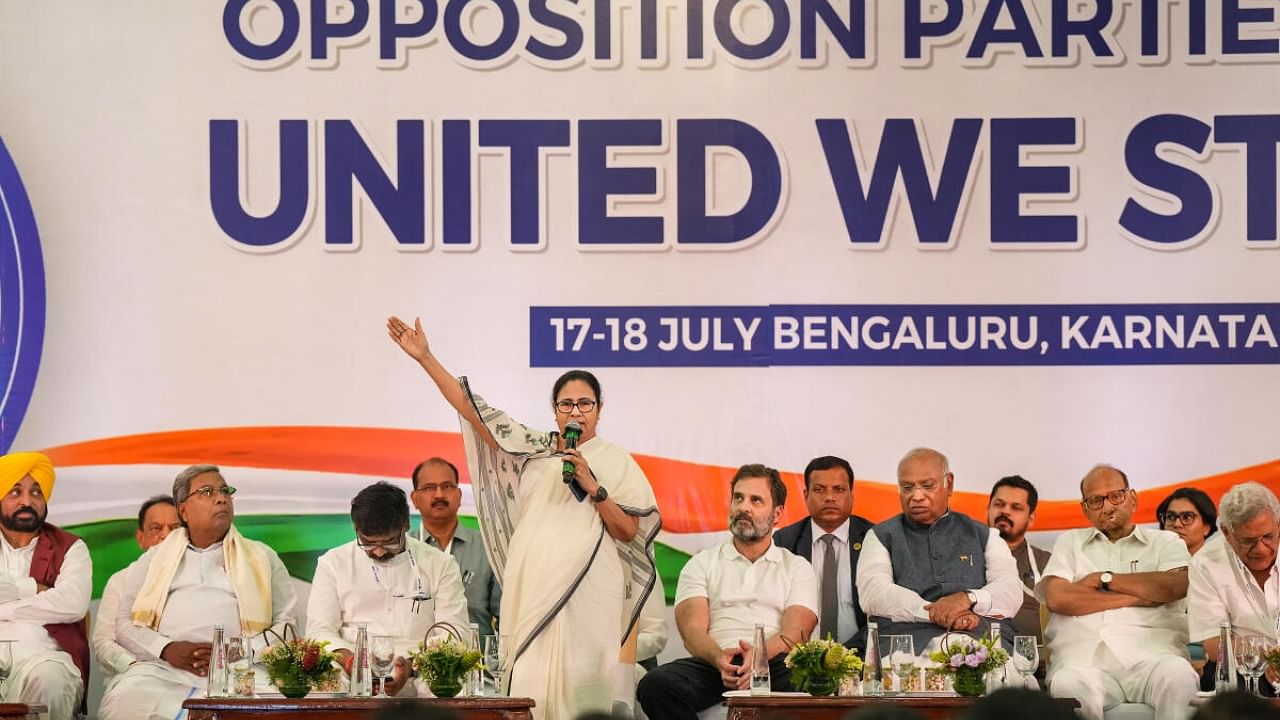 West Bengal Chief Minister Mamata Banerjee addresses a joint press conference of the opposition parties, in Bengaluru, Tuesday, July 18, 2023.  Credit: PTI Photo