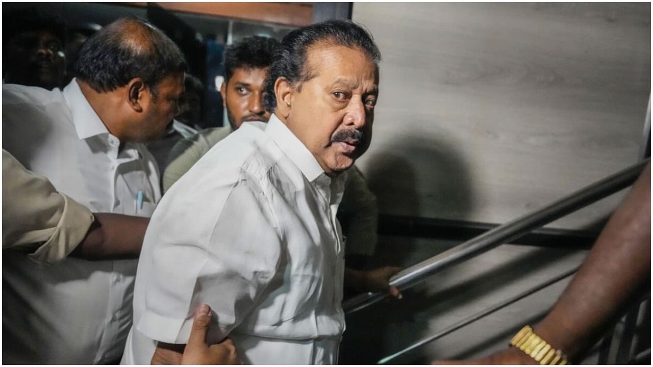 Chennai: Enforcement Directorate officials take Tamil Nadu Higher Education Minister K Ponmudy for enquiry after day-long searches at his premises in connection with a money laundering case, in Chennai, Monday, July 17, 2023. Credit: PTI Photo