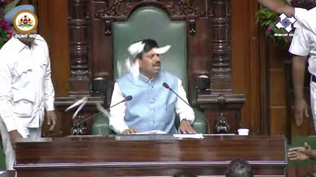BJP MLAs were already in the well of the House on a protest when things went out of control. Credit: Screengrab/ NIC webcast