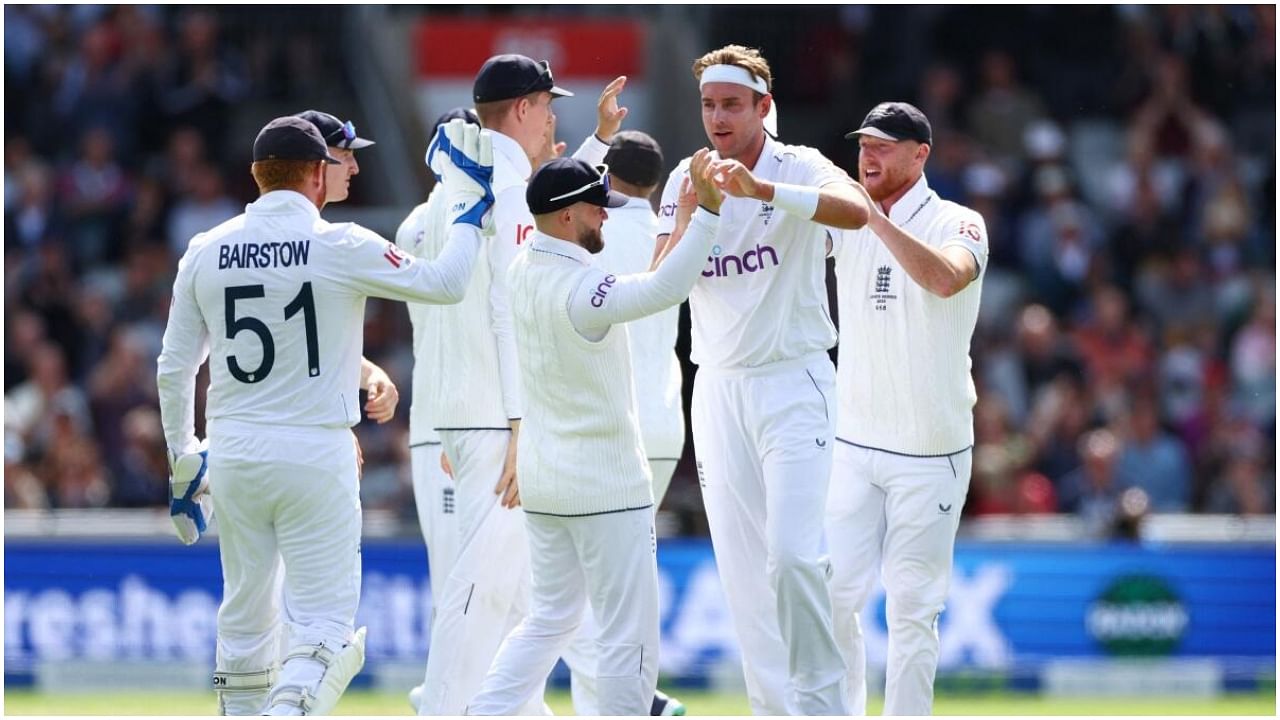  England v Australia - Old Trafford Cricket Ground, Manchester, Britain - July 19, 2023 England's Stuart Broad celebrates with teammates after taking the lbw wicket of Australia's Usman Khawaja. Credit: Reuters Photo