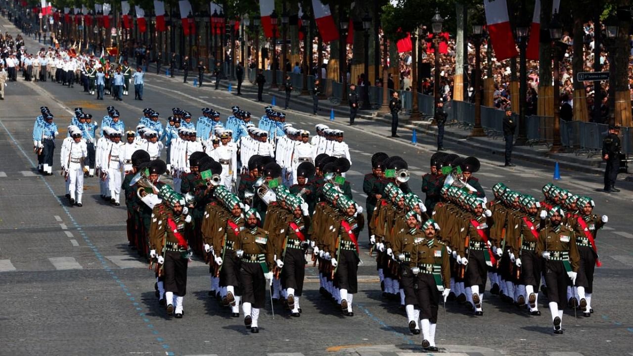 Indian's Army Punjab Regiment marches during the annual Bastille Day military parade in Paris, France, July 14, 2023. Credit: Reuters Photo