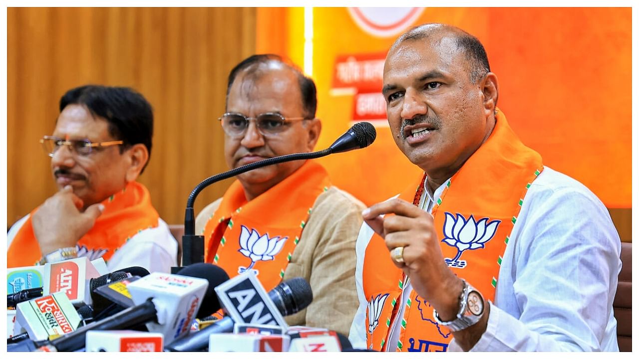 Rajasthan BJP President CP Joshi addresses a press conference, at the party office in Jaipur, Wednesday, July 19, 2023. Credit: PTI Photo