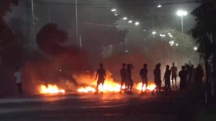 Tyres set on fire by miscreants amid violence in Imphal. Credit: PTI Photo