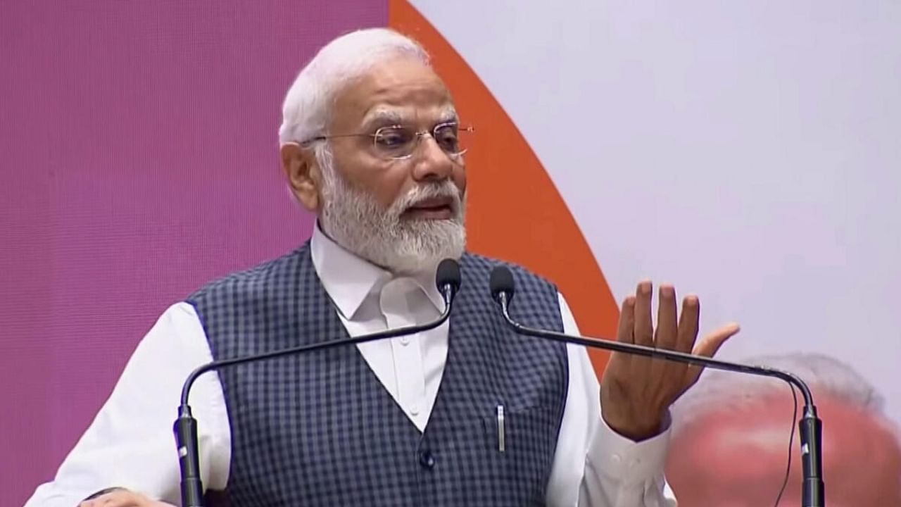 Prime Minister Narendra Modi addresses the NDA leaders' meeting, in Delhi, Tuesday, July 18, 2023. Credit: PTI Photo