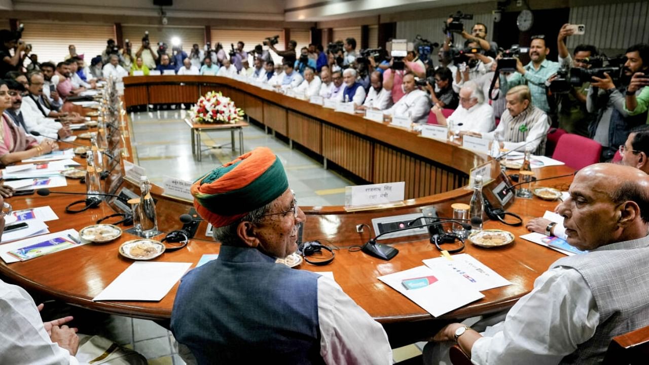 Defence Minister Rajnath Singh with Union Minister Arjun Ram Meghwal and other leaders during an all-party meeting on the eve of the Monsoon Session of Parliament, in New Delhi, Wednesday, July 19, 2023. Credit: PTI Photo