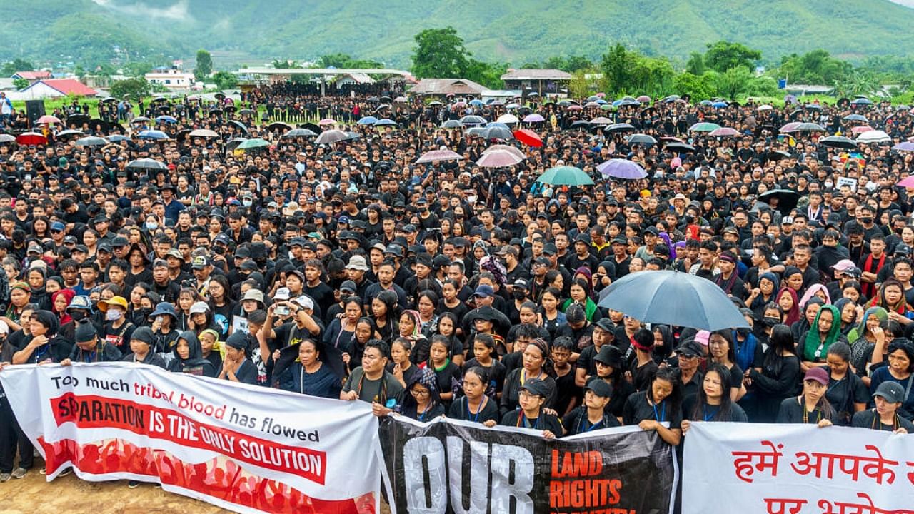 Members of Indigenous Tribal Leaders’ Forum (ITLF) take part in a protest rally as a mark of protest against the harrowing incident that occurred on May 4, in Churachandpur district, Manipur, Thursday, July 20, 2023. Credit: PTI Photo