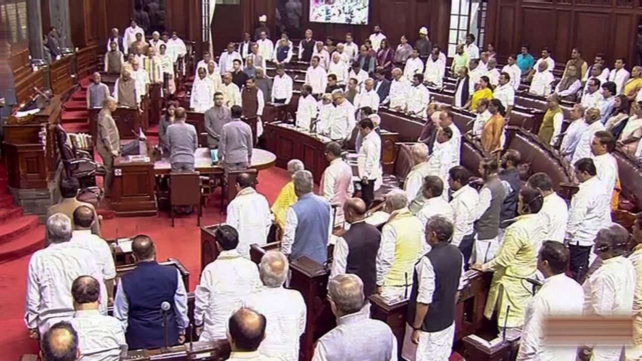 Rajya Sabha Chairman Jagdeep Dhankhar and other parliamentarians in the House on the first day of the Monsoon Session of Parliament, in New Delhi, Thursday, July 20, 2023. Credit: PTI Photo