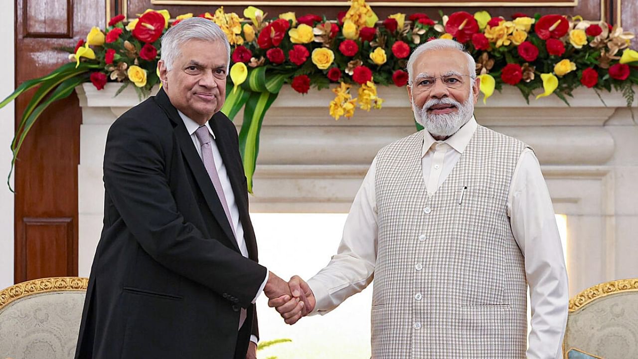 Prime Minister Narendra Modi during a meeting with President of Sri Lanka Ranil Wickremesinghe at Hyderabad House, in New Delhi. Credit: PTI Photo