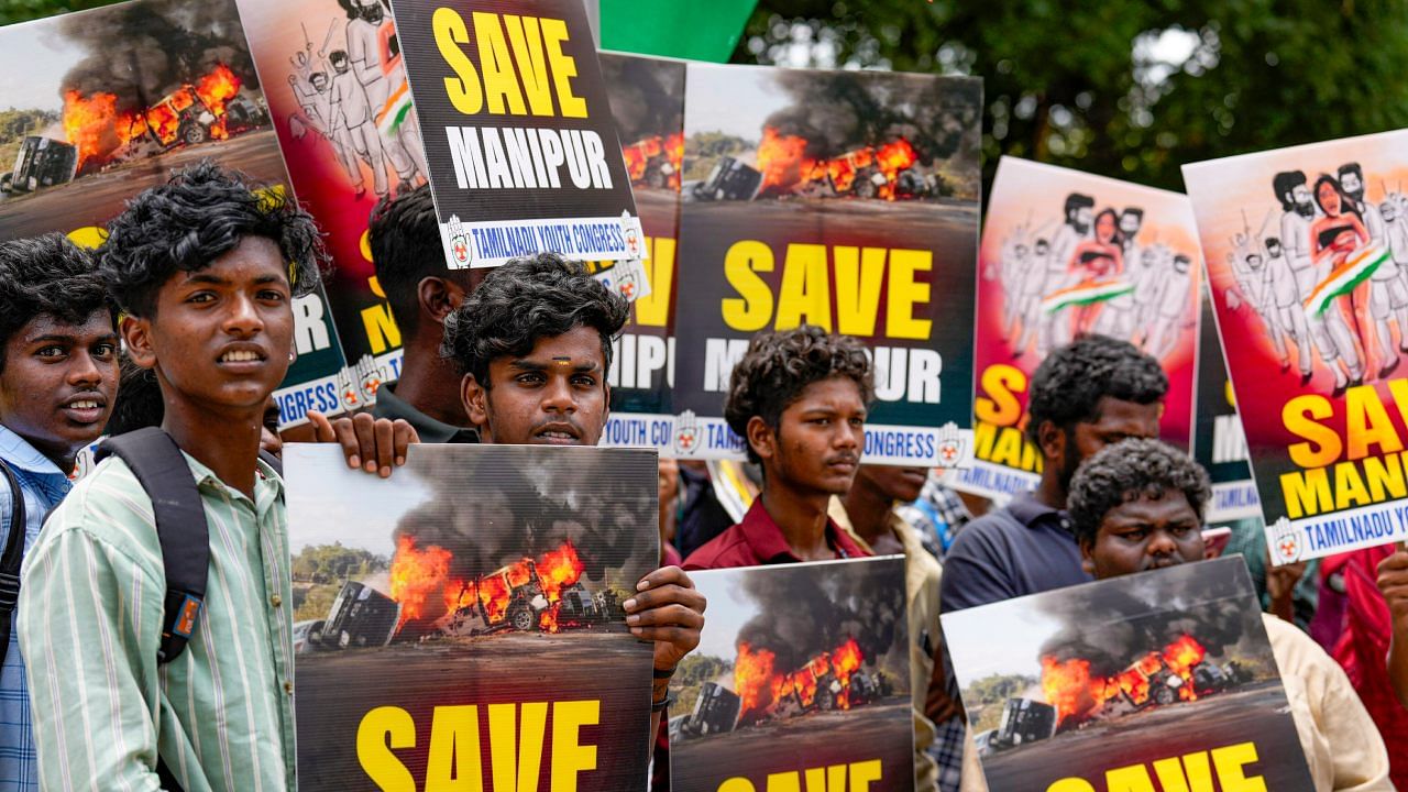 Members of Tamil Nadu Youth Congress during a protest against the central government regarding the ongoing ethnic violence in Manipur, in Chennai. Credit: PTI Photo