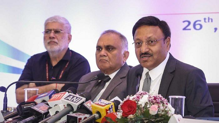 Chief Election Commissioner Rajiv Kumar with Election Commissoner Anup Chandra Pandey. Credit: PTI Photo