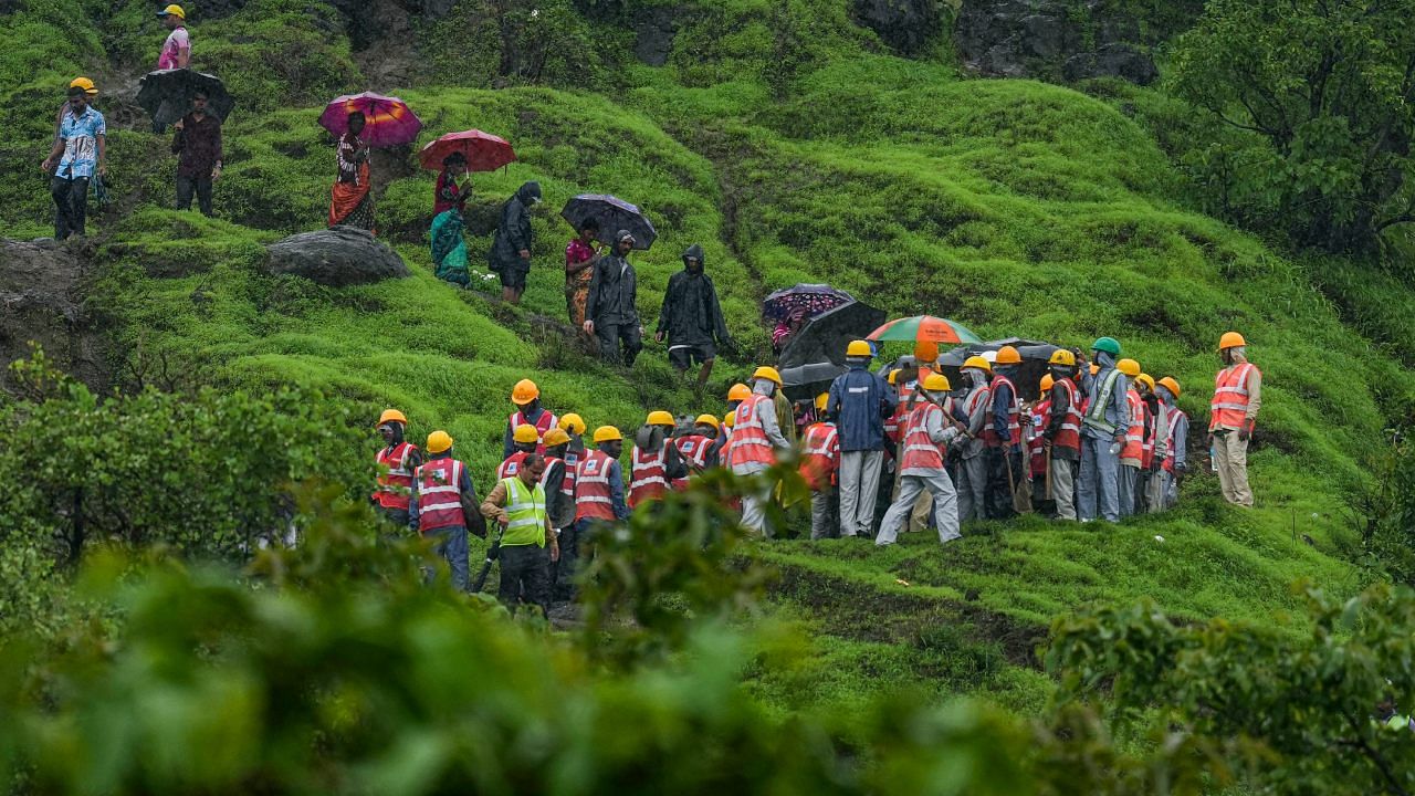 Search and rescue operation underway after a landslide at Irshalwadi village, in Raigad district. Credit: PTI Photo