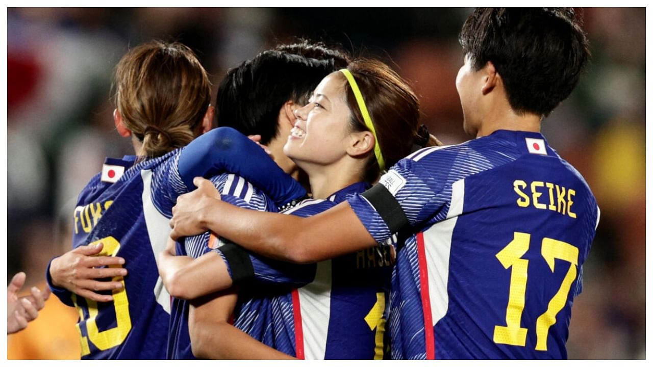 Japan's Riko Ueki celebrates scoring their fifth goal with teammates. Credit: Reuters Photo