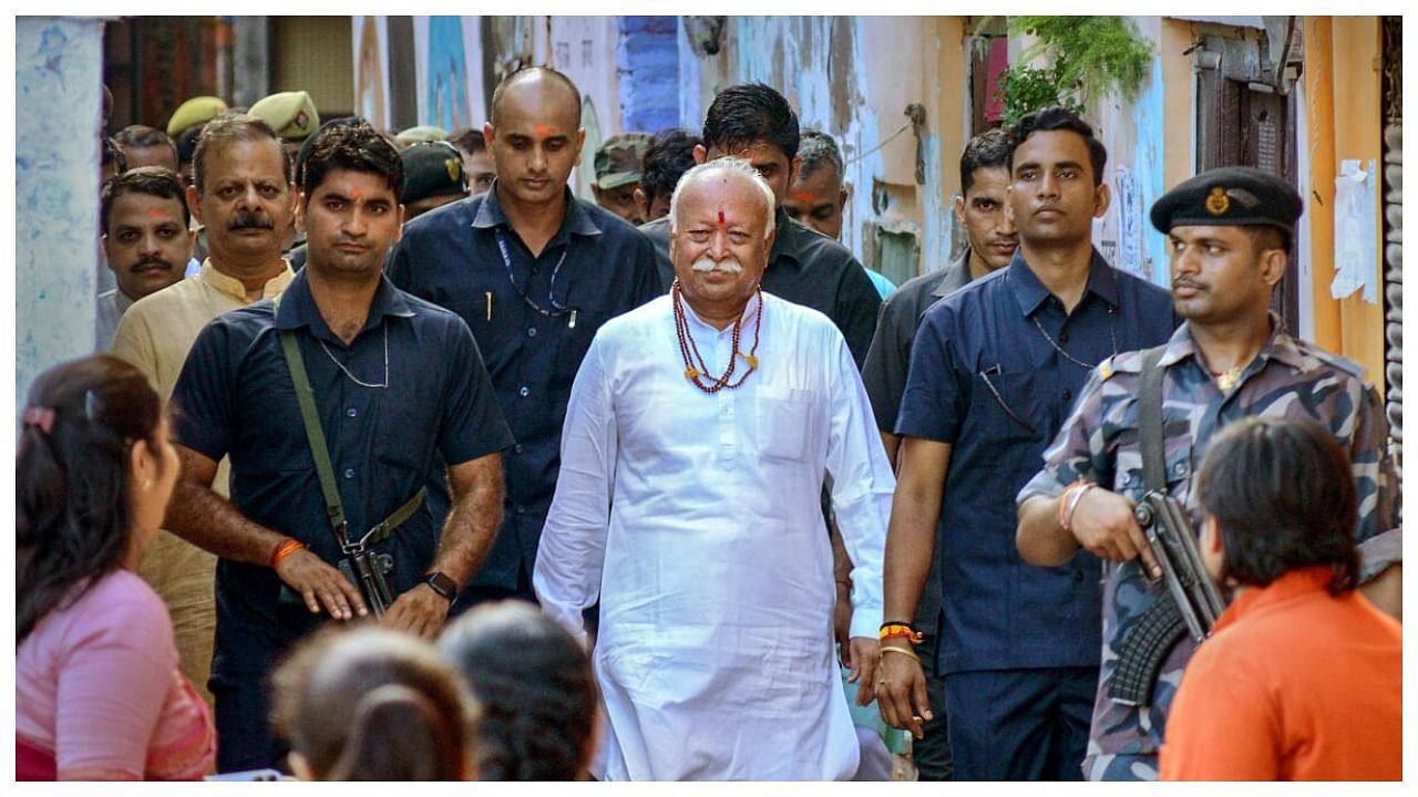 RSS Chief Mohan Bhagwat during his visit, in Varanasi, Friday, July 21, 2023. Credit: PTI Photo