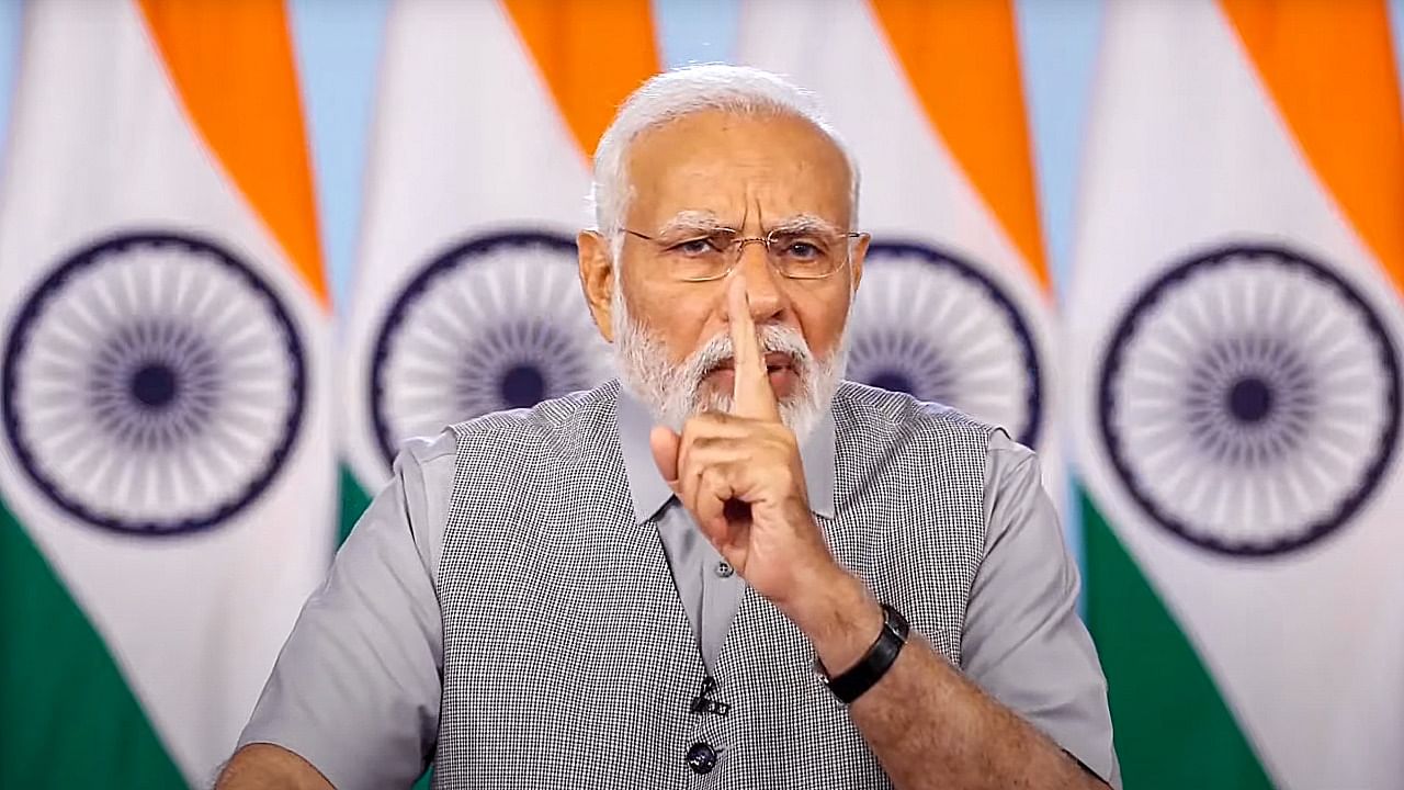 Prime Minister Narendra Modi virtually addresses a programme organised for the distribution of appointment letters to newly inducted recruits in government organisations. Credit: PTI Photo