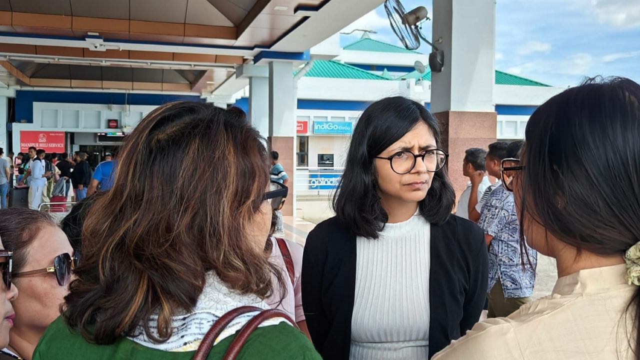 Chairperson of Delhi Commission for Women Swati Maliwal upon her arrival in violence-hit Manipur, on Sunday, July 23, 2023. Credit: PTI Photo