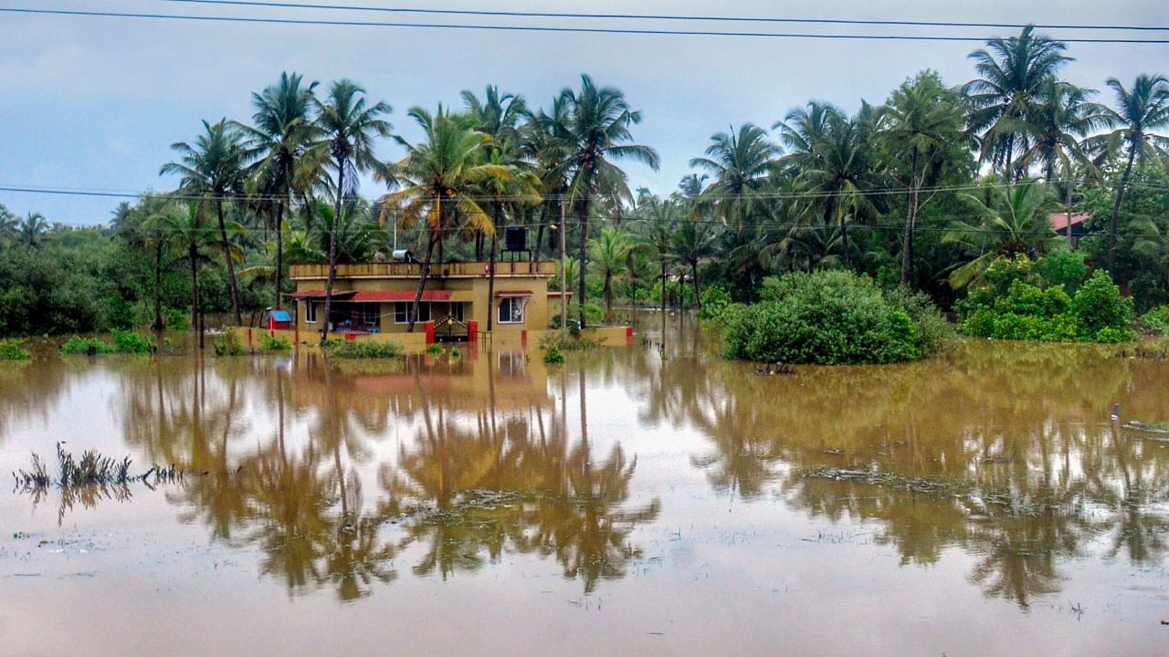 A waterlogged area following heavy monsoon rains in Udupi district, Thursday, July 6, 2023. Credit: PTI Photo