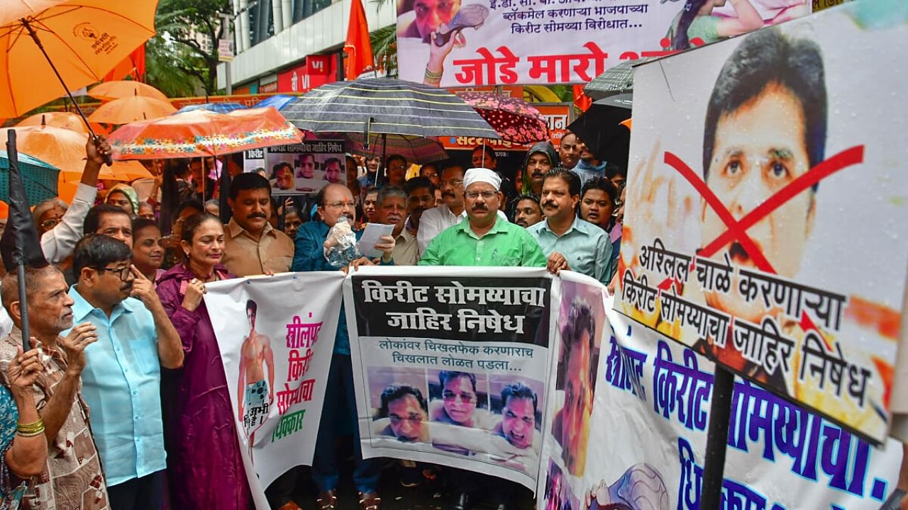 Shiv Sena (UBT) activists stage a protest against BJP leader Kirit Somaiya after a video showing him in a compromising situation went viral, in Mumbai, Maharashtra, Tuesday, July 18, 2023. Credit: PTI Photo