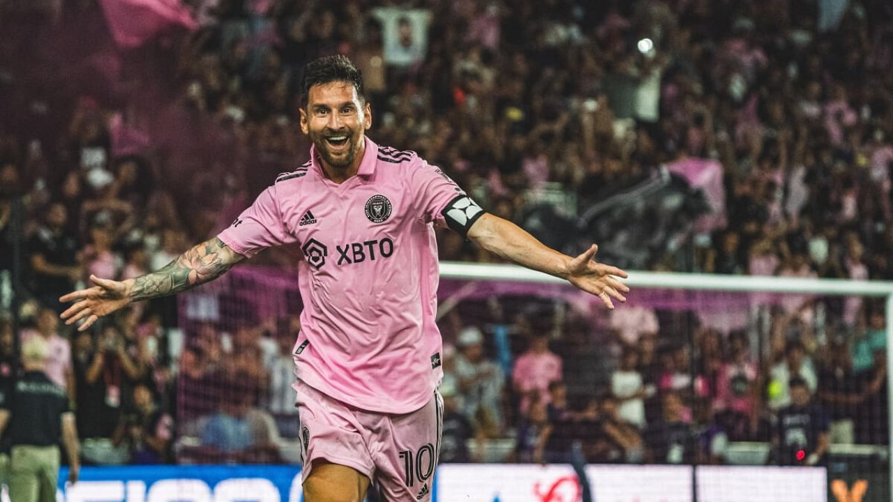 Messi celebrates after his debut goal for Inter Miami. Credit: Major League Soccer via USA TODAY Sports