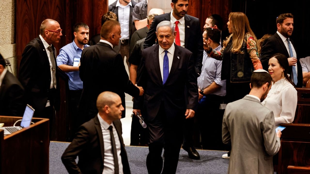 Israeli Prime Minister Benjamin Netanyahu and lawmakers gather at the Knesset plenum during voting, July 24, 2023. Credit: Reuters Photo