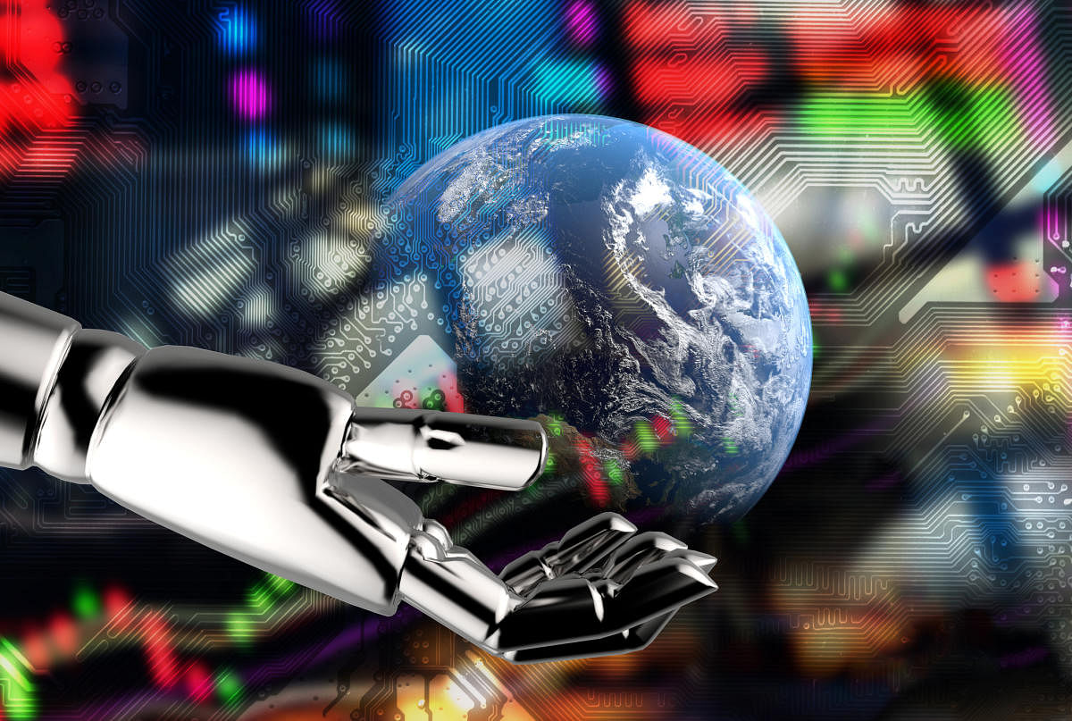 Cyber communication , robot world , Fintech and robo advisor in stock market finance concept.3d rendering Robot hand holding earth furnished by NASA with abstract stock chart electric circuit graphic.Communication System