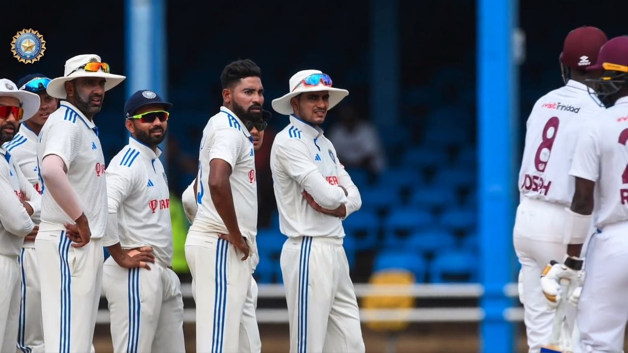 Md. Siraj and Indian cricket team members during the match against West Indies. Credit: Twitter/@BCCI