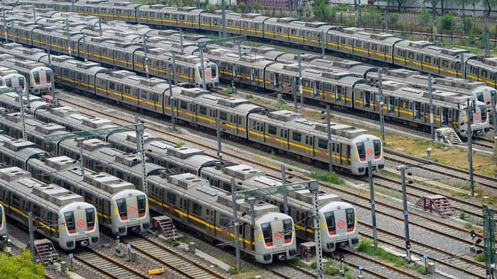 Delhi Metro trains parked. Credit: PTI File Photo