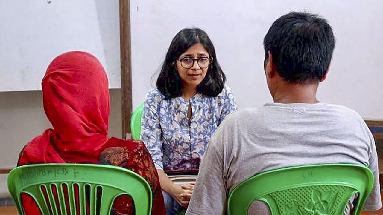 Swati Maliwal meets family members of the two women who were paraded naked by a few men in violence-hit Manipur, in Churachandpur. Credit: PTI Photo
