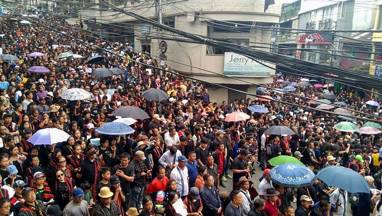 Chief Minister Zoramthanga, Deputy CM Tawnluia, ministers, and MLAs of the state cutting across party lines took part in the massive protest rally in Aizawl. Credit: PTI Photo