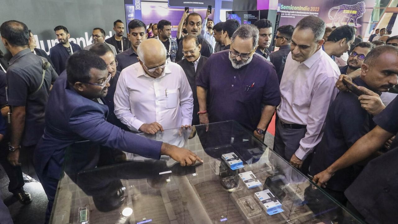 Union MoS for Electronics and IT Rajeev Chandrasekhar with Gujarat Chief Minister Bhupendra Patel during the inauguration of Semicon India exhibition, in Gandhinagar, Tuesday, July 25, 2023. Credit: PTI Photo