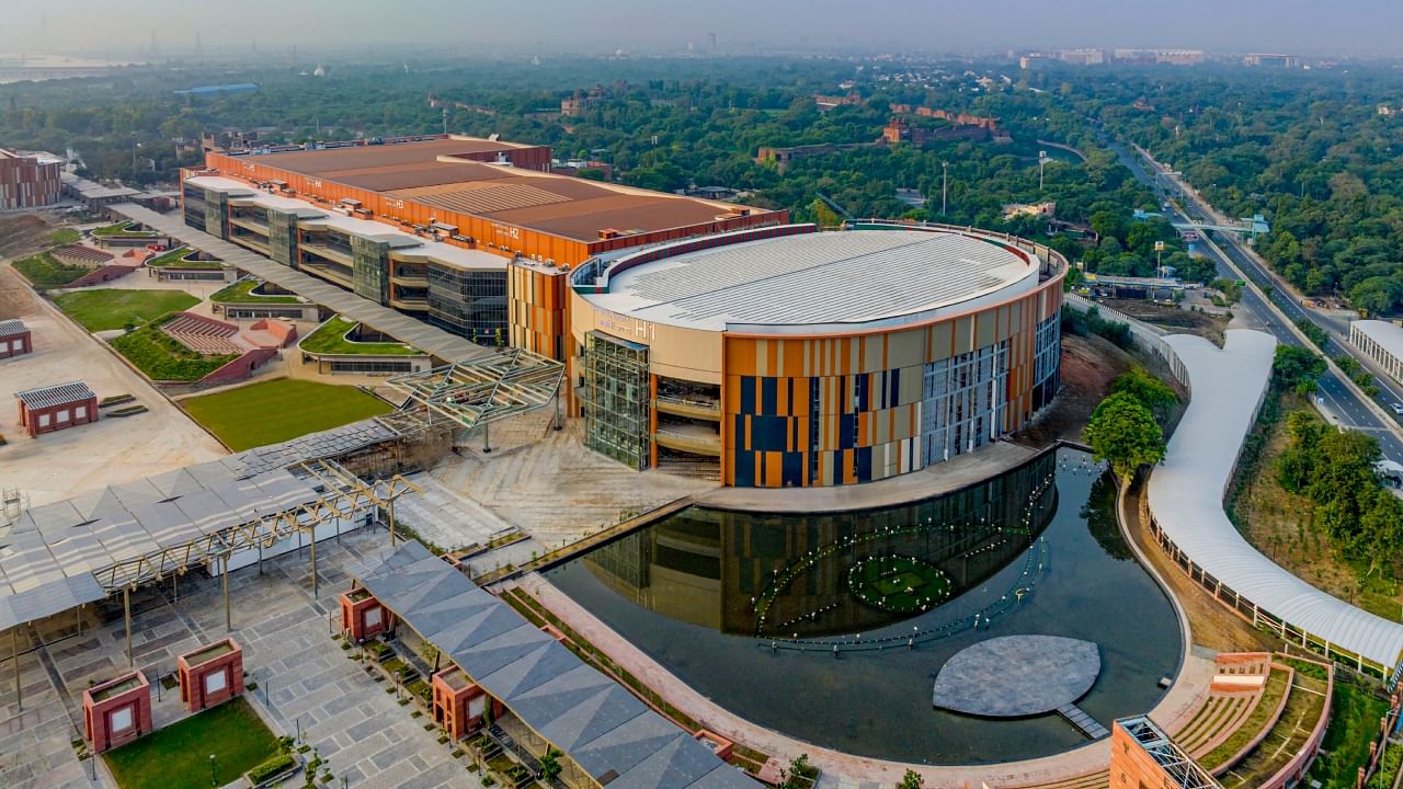 An aerial view of the redeveloped International Exhibition-cum-Convention Centre (IECC) complex at Pragati Maidan, in New Delhi. Credit: PTI Photo