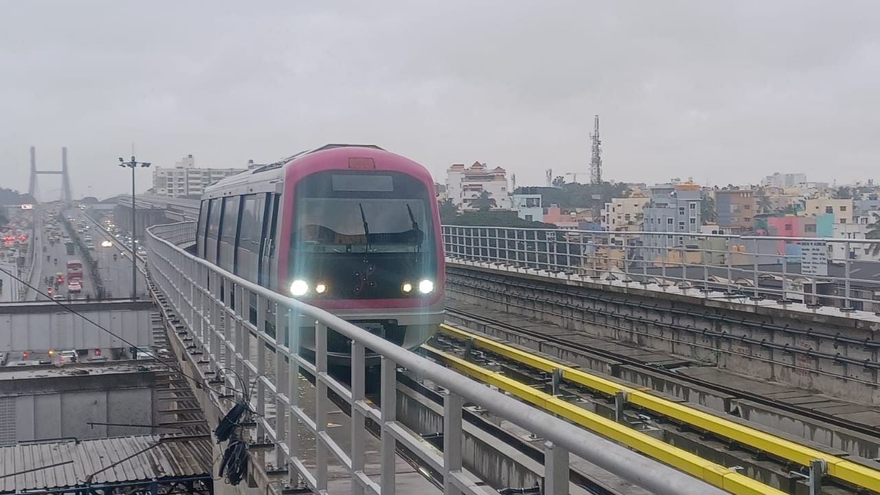 A six-coach metro train chugs into the Benniganahalli station during a trial run on Wednesday. Credit: Special Arrangment