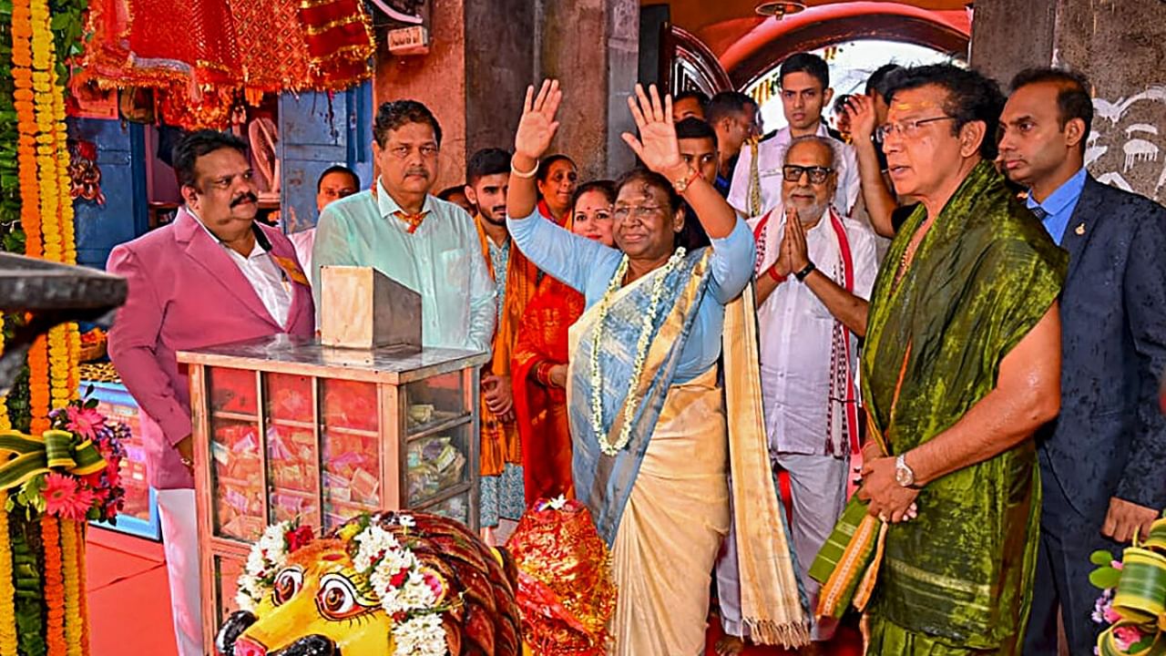 President Droupadi Murmu offers prayers at Chandi Temple, in Cuttack, Wednesday, July 26, 2023. Credit: PTI Photo