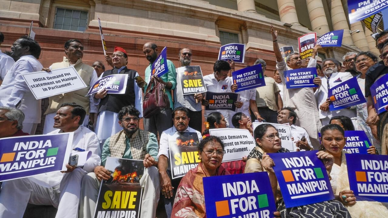 Leaders of the I.N.D.I.A alliance parties stage a protest over ethnic violence in Manipur during Monsoon session of Parliament, in New Delhi, Monday, July 24, 2023. Credit: PTI Photo