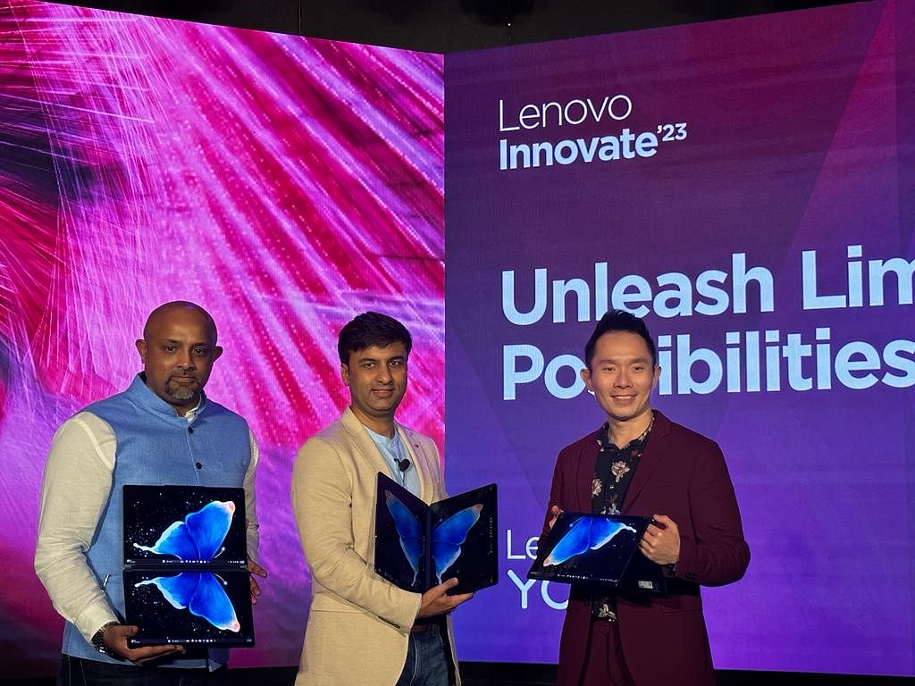 [From left to right] Dinesh Nair, Director-Consumer Business, Lenovo India Suyash Singh, Product Manager, Consumer Business, Lenovo India Gregory Beh, AP Category Manager, Lenovo at Lenovo Yoga Book 9i launch in New Delhi, July 25, 2023. Credit: DH Photo/KVN Rohit 