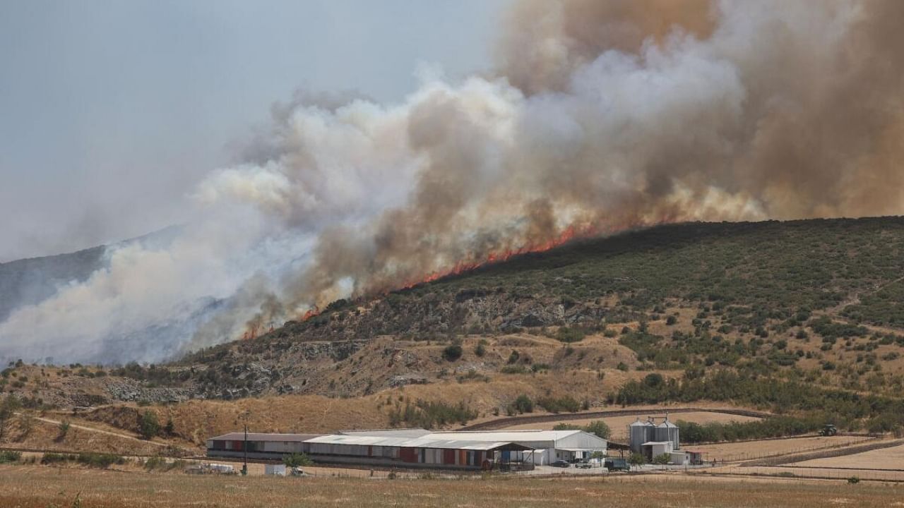 A wildfire burns near the city of Volos, in central Greece, July 27, 2023. Credit: Reuters Photo