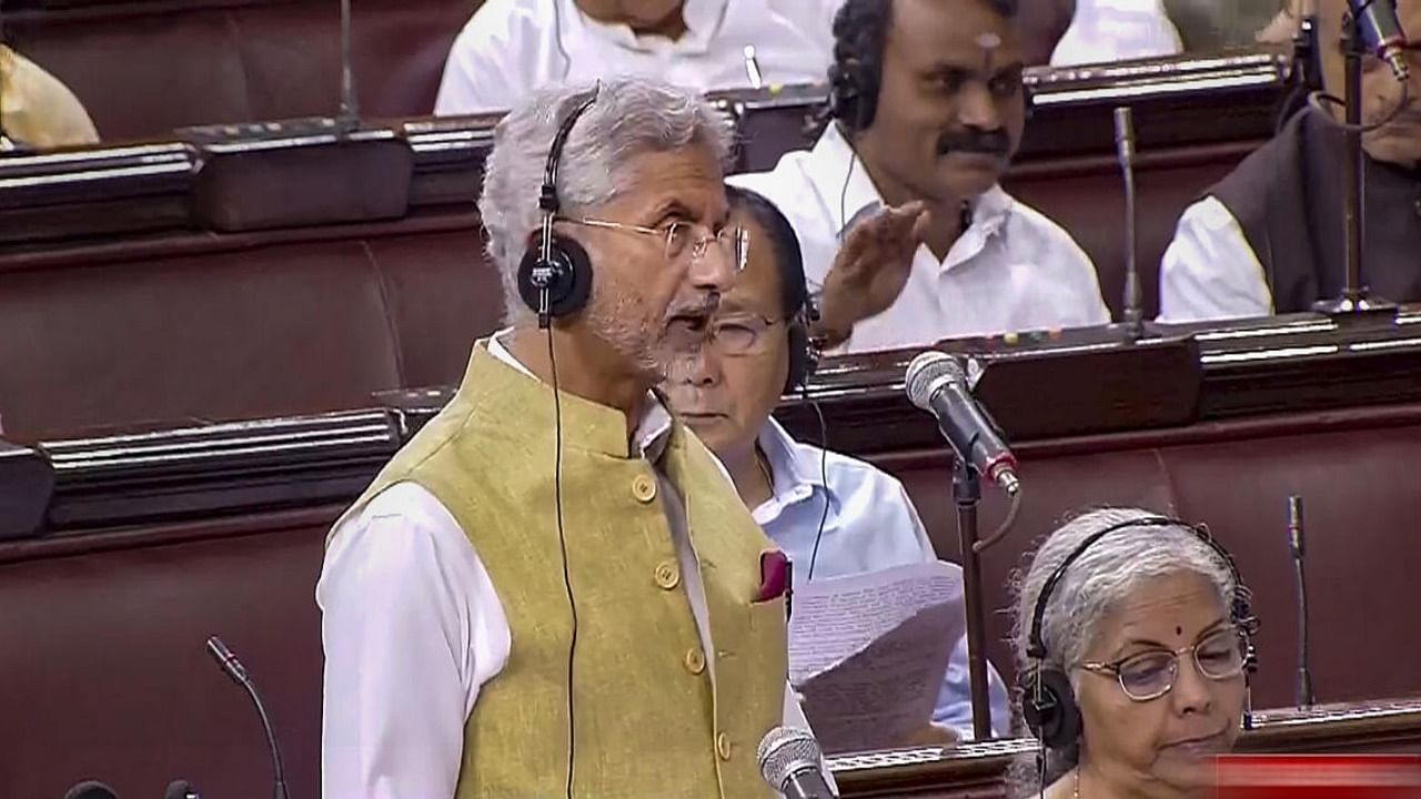 External Affairs Minister S. Jaishankar speaks in the Rajya Sabha during the Monsoon session of Parliament, in New Delhi, Thursday, July 27, 2023. Credit: PTI Photo