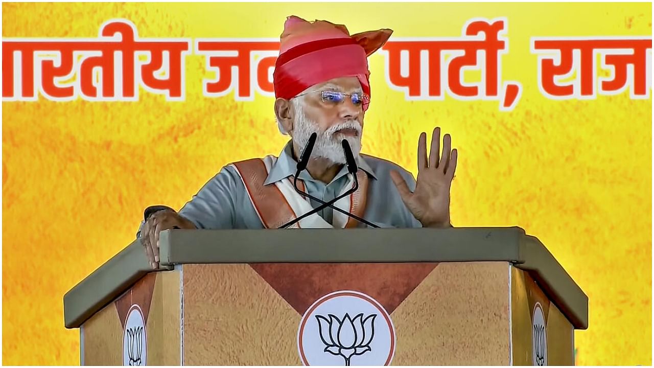 Prime Minister Narendra Modi speaks during a public meeting in Sikar, Thursday, July 27, 2023. Credit: PTI Photo