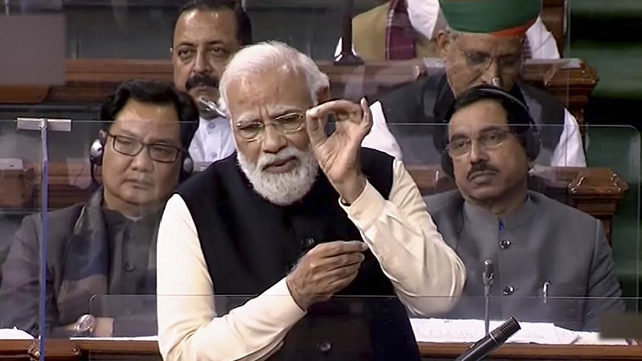 Modi speaks in the Lok Sabha. Credit: PTI Photo