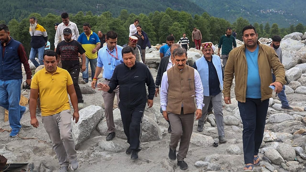 Himachal Pradesh Chief Minister Sukhvinder Singh Sukhu visits flood-affected areas, in Manali, Wednesday, July 12, 2023. Credit: PTI Photo