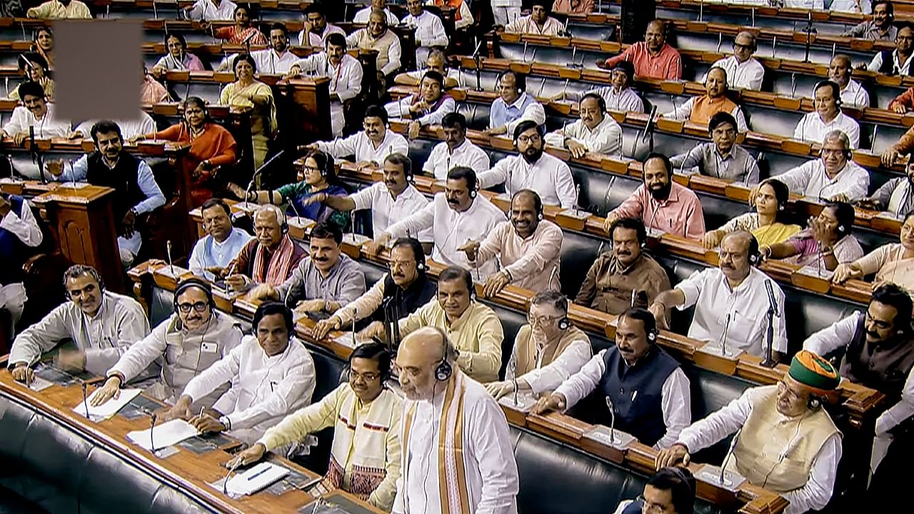 Union Home Minister Amit Shah speaks amid protest by Opposition MPs in the Lok Sabha during the Monsoon session of Parliament, in New Delhi, Tuesday, July 25, 2023. Credit: PTI Photo