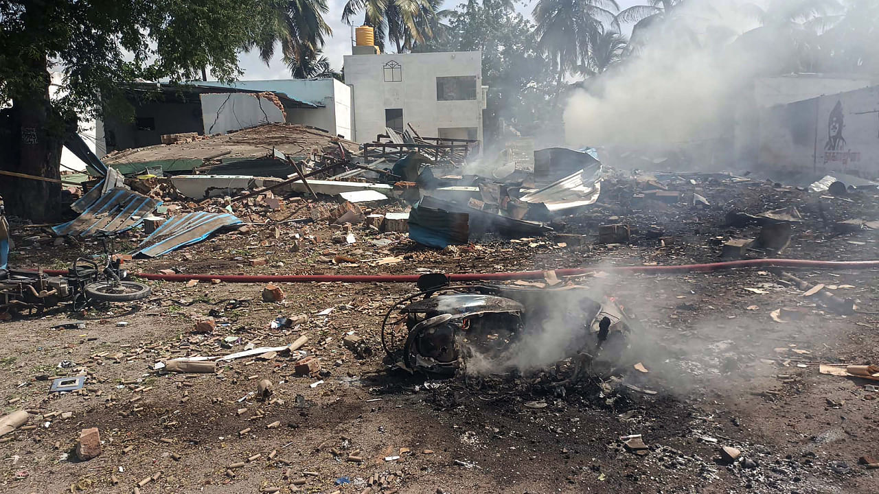 Smoke billows out after an explosion at a firecracker unit in which at least eight people were killed and several injured, in Krishnagiri district. Credit: PTI Photo