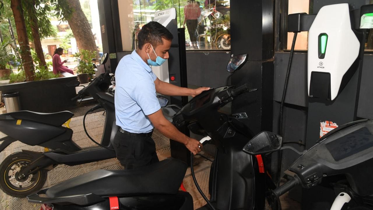 Electric Scooter Experience Center, Indiranagar, in Bengaluru on Wednesday. Credit: DH Photo/ B H Shivakumar