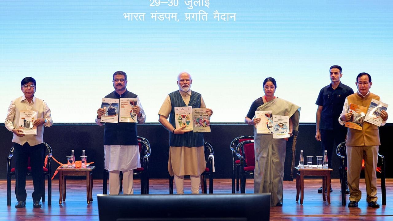 Prime Minister Narendra Modi during the inauguration of Akhil Bhartiya Shiksha Samagam at Bharat Mandapam, in New Delhi. Credit: PTI Photo