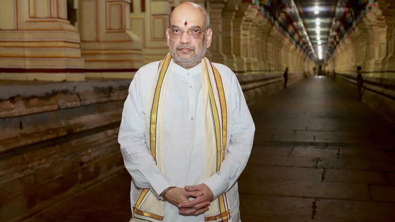 Amit Shah in Rameswaram temple. Credit: PTI Photo