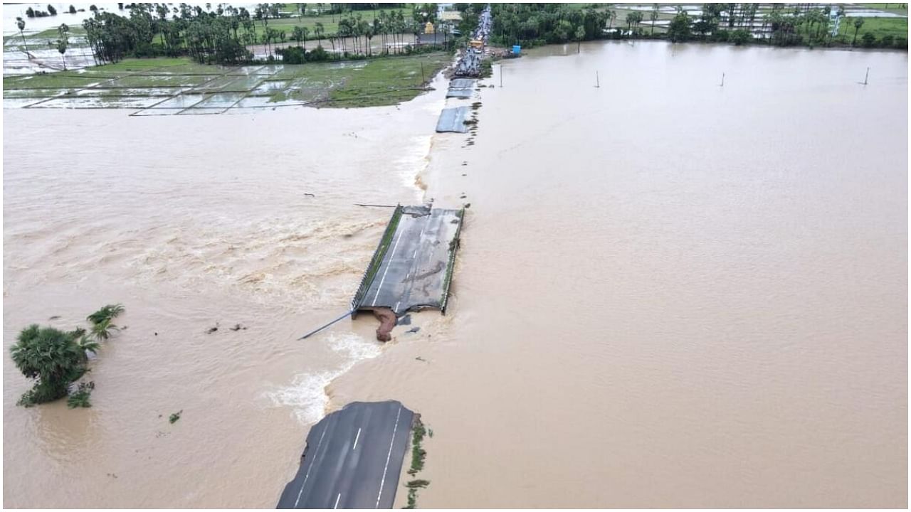 Bhupalpally: An aerial view of a partially damaged road submerged in the floodwaters of the swollen Godavari River, in Bhupalpally district, Thursday, July 29, 2023. Credit: PTI Photo