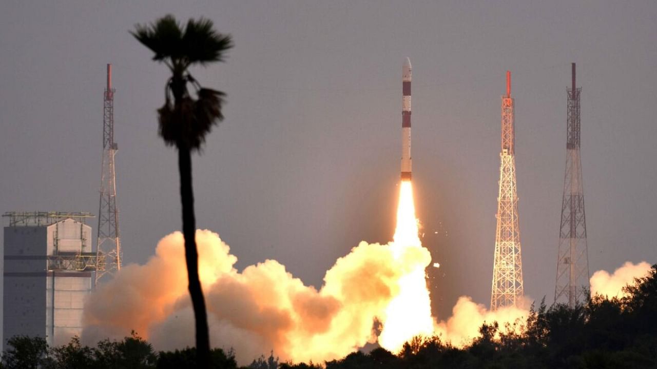 Indian Space Research Organisation's (ISRO) PSLV-C56 carrying Singapore’s DS-SAR satellite along with 6 co-passenger satellites lifts off from the launch pad at Satish Dhawan Space Centre, in Sriharikota. Credit: PTI Photo