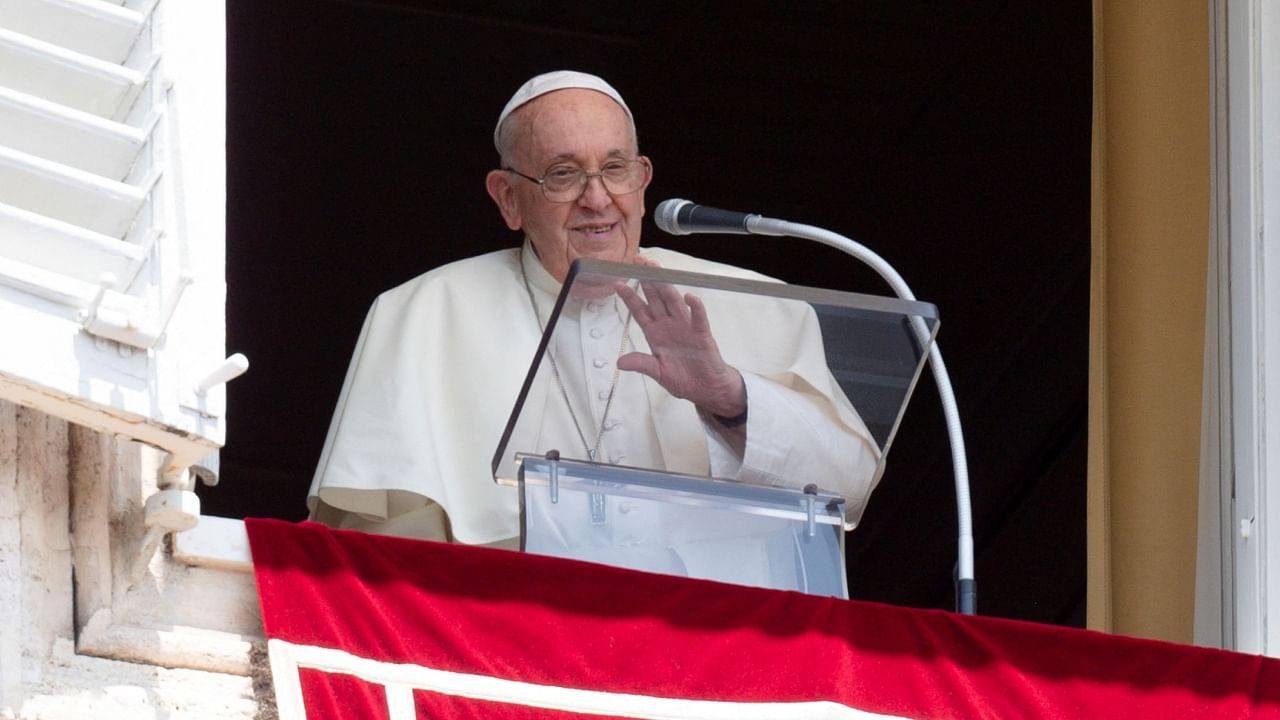 Pope Francis leads the Angelus prayer from his window, at the Vatican, July 30, 2023. Credit: Vatican Media/­Handout via Reuters Photo