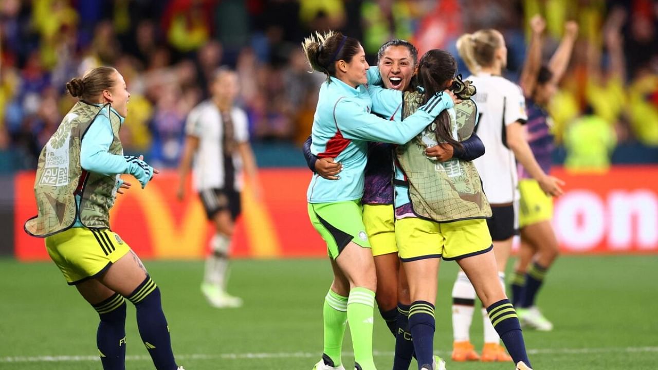 Colombian players celebrate after the match against Germany on July 30, 2023. Credit: Reuters Photo