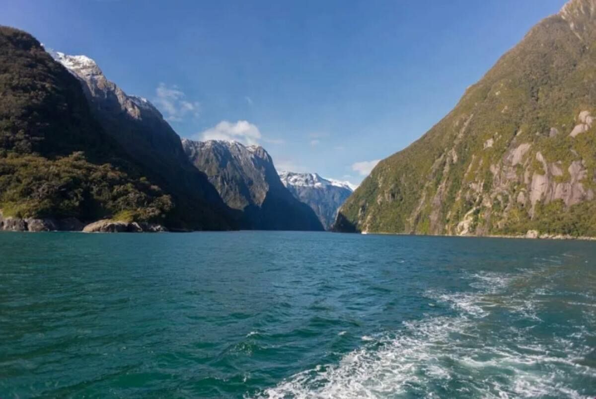 Milford Sound fjord is known for the towering Mitre Peak, rainforests and  waterfalls like Stirling and Bowen Falls which plummet down its sheer sides. 