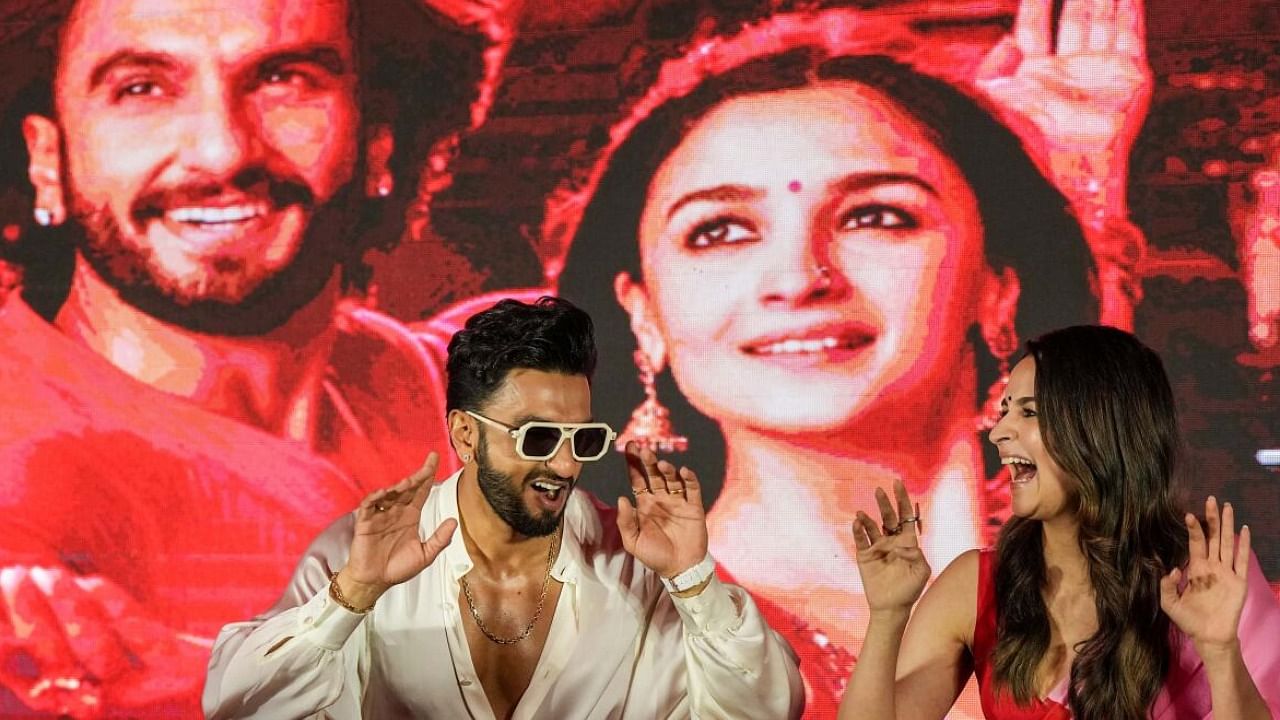 Actors Ranveer Singh and Alia Bhatt dance during a promotional event for their film 'Rocky Aur Rani Kii Prem Kahani' in Kolkata. Credit: PTI File Photo